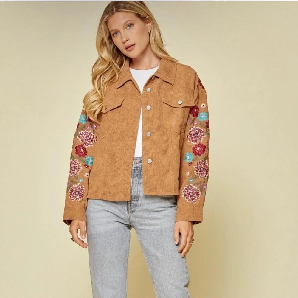 Savanna Jane Corduroy Oversized Floral Embroidered Boho Hippie  Jacket